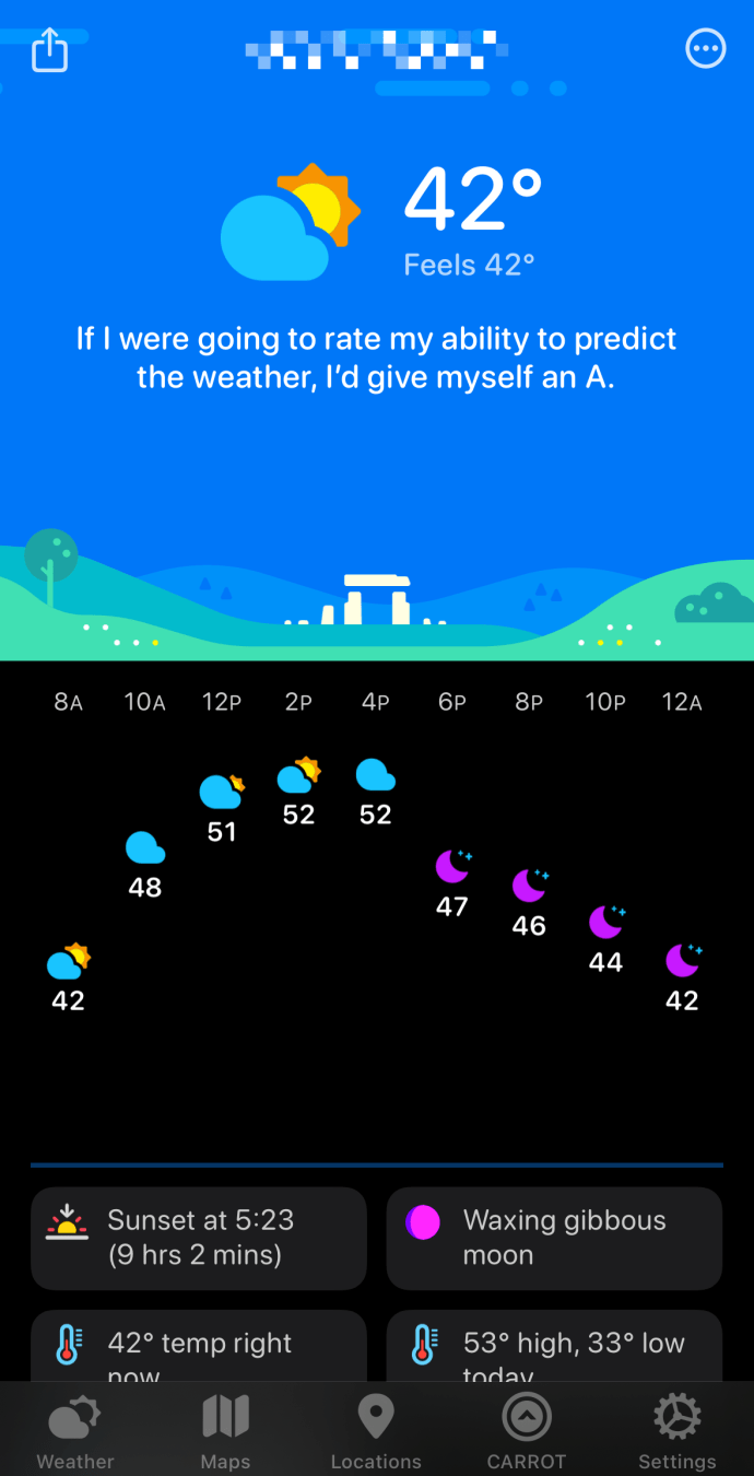 A screen shot from the CARROT Weather app showing the current conditions (42 degrees Fahrenheit with partly cloudy skies) and the day’s forecast.
