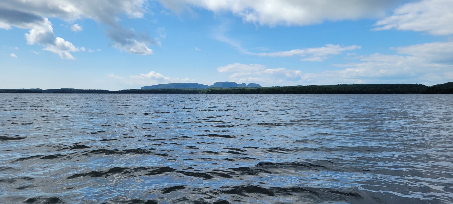 In the middle of a lake with Sleep Giant in the background.