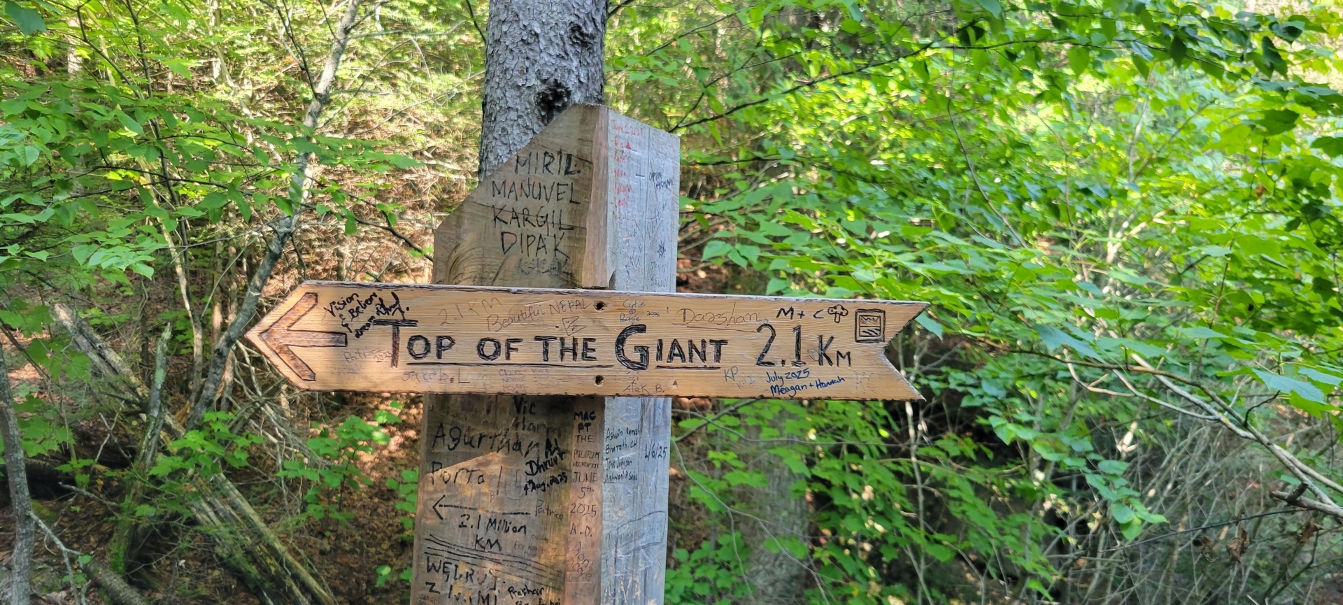 A sign that says Top of the Giant 2.1 km, hand-written