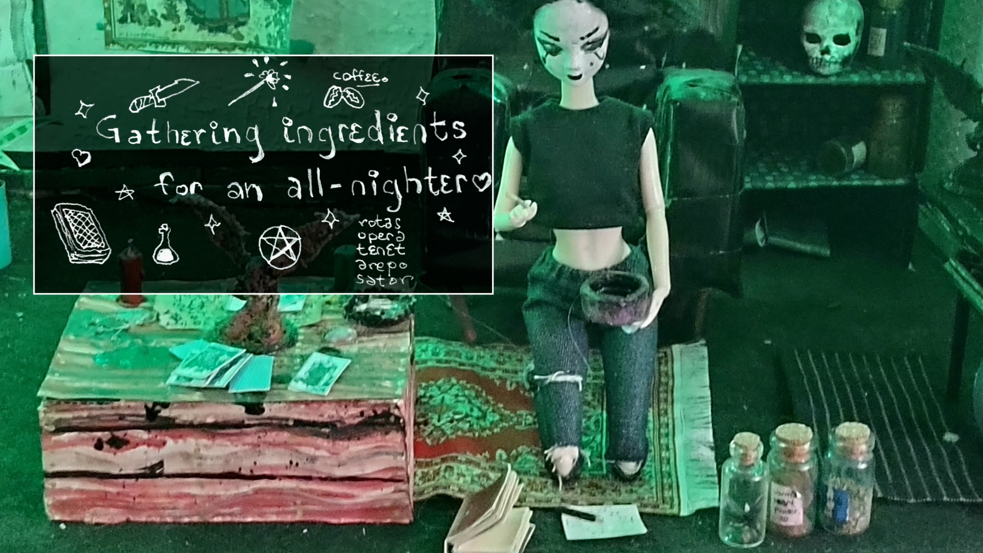 Malice Moppet the haunted doll collects reagents, spellbooks, magical tools and most importantly- her coffee and cigarettes. Some habits die hard.