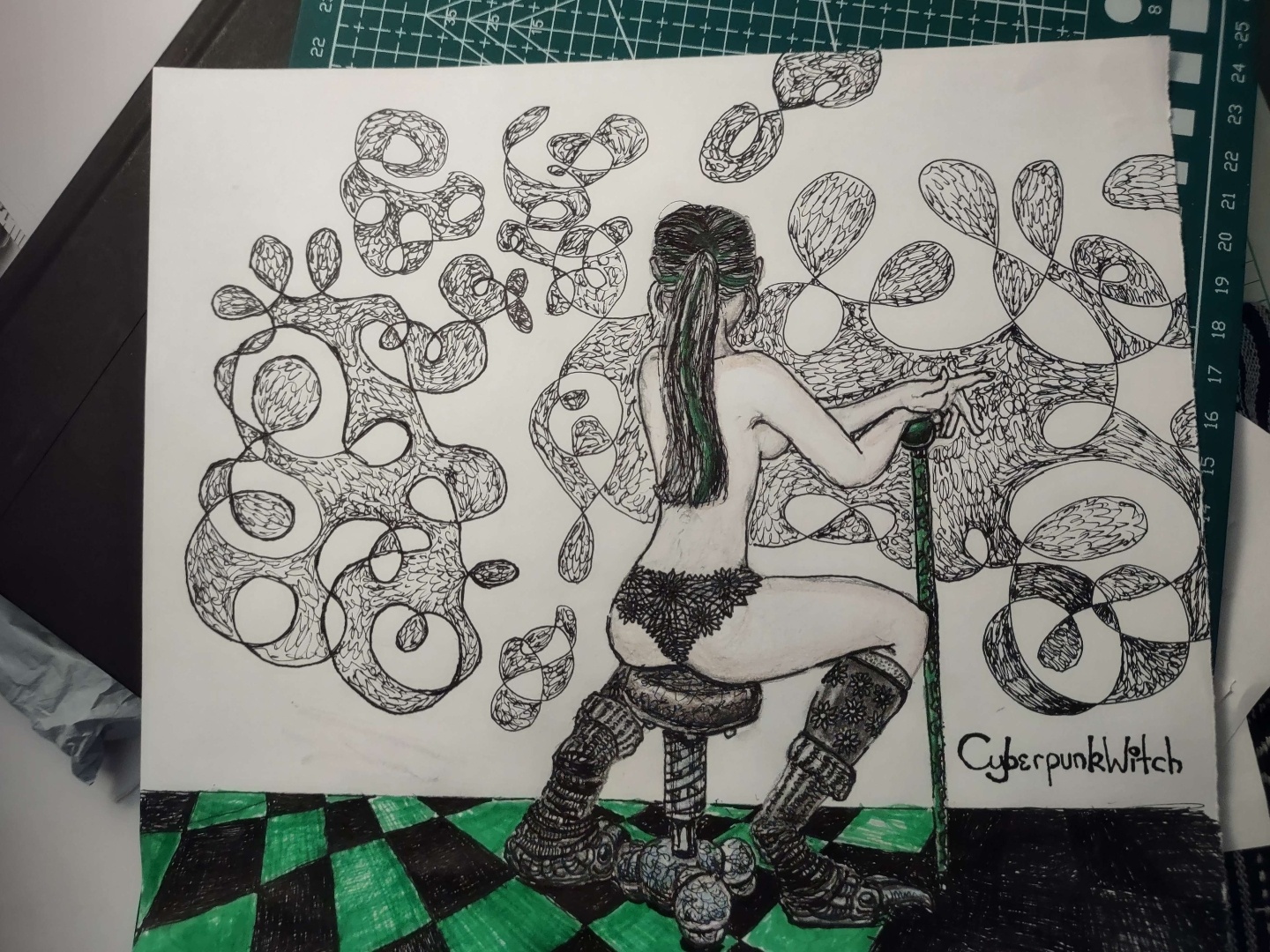 suggestive illustration of a woman modeling in her underwear from behind in front of an artsy looking wall with a green and black tiled floor