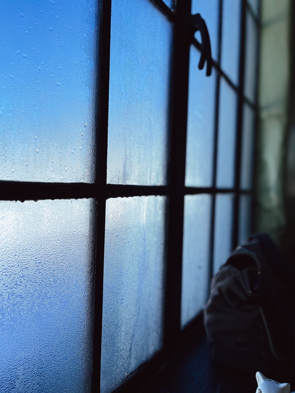 A photo of a large window covered in condensation